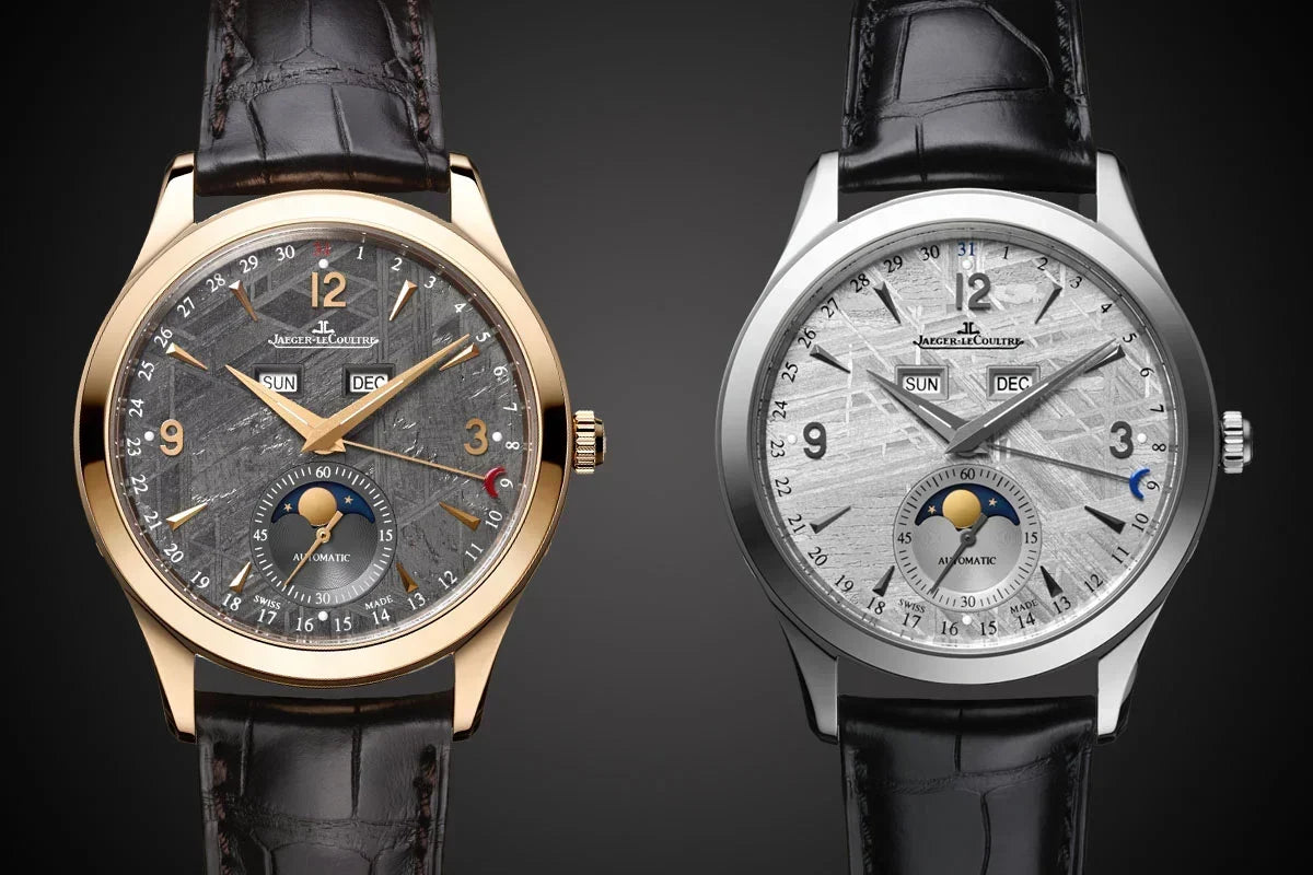 Jaeger-LeCoultre Master Calendar Ref. Q1558421 in 39mm steel with a Muonionalusta meteorite dial, day and month windows, moonphase subdial and blue crescent date hand, on a black alligator strap