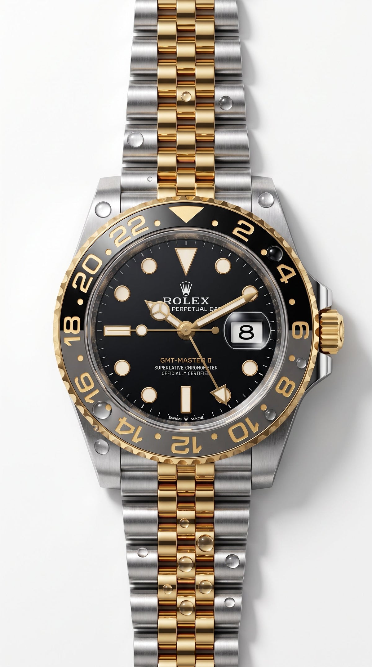 Rolex GMT-Master II 126713GRNR with black dial, grey and black bezel, yellow gold numerals, steel and gold Jubilee bracelet