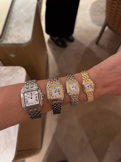 Four Panthere de Cartier watches worn side by side in descending size, in steel, two-tone and yellow gold, showing the difference between the large, medium, small and mini models